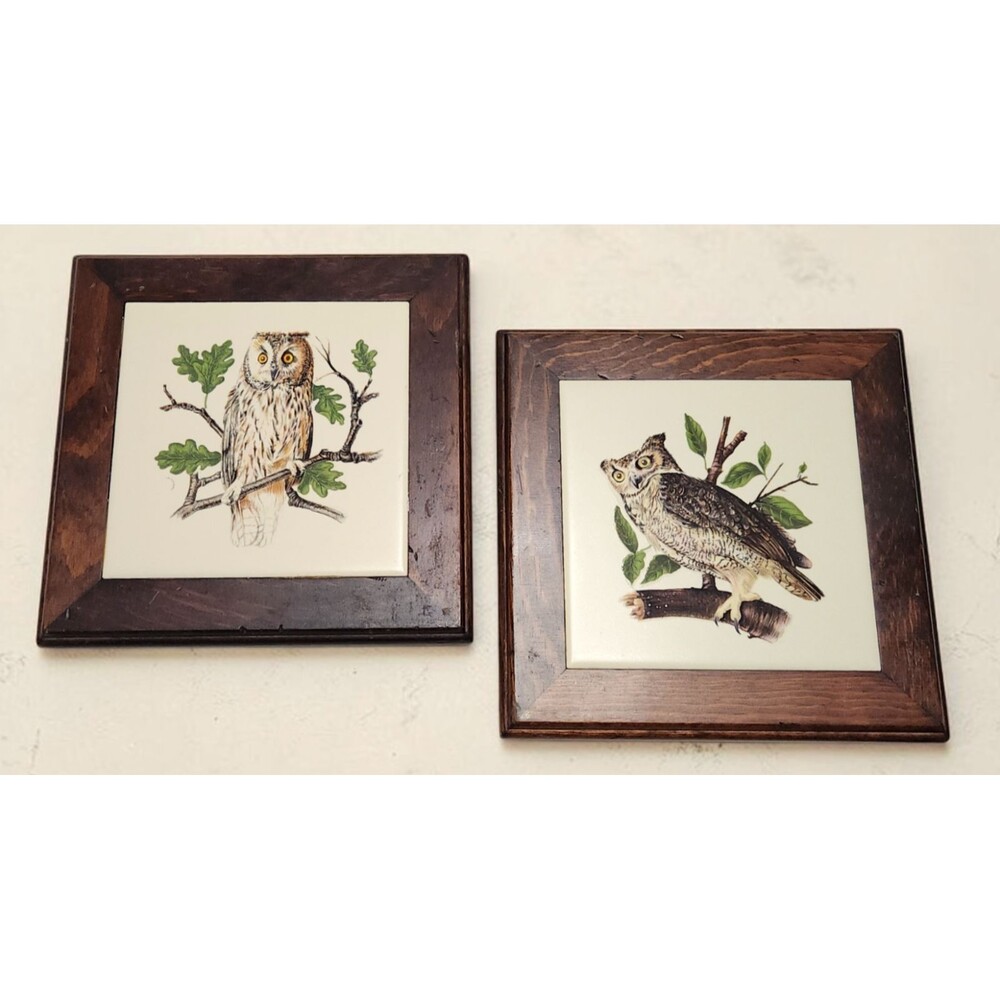 Vintage Three Mountaineers Wood Framed Mid State Creamic Owl Plaques/Trivets